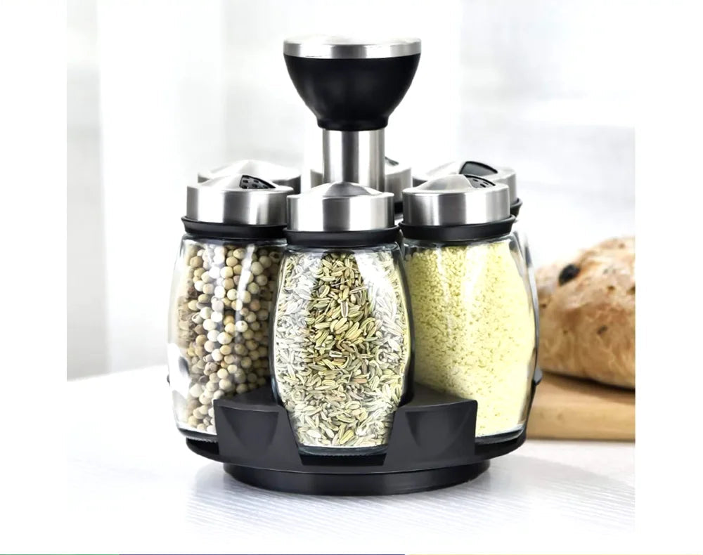 6x Potes de Tempeiro + Porta-Condimentos Giratório — Organização Gourmet