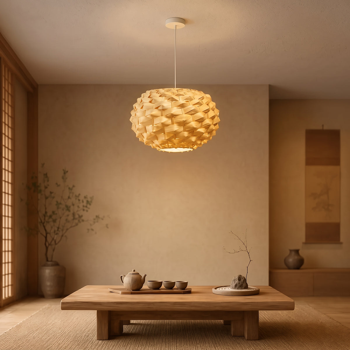 Luminária Pendente Artesanal em Bambu Natural — Design Orgânico Boho