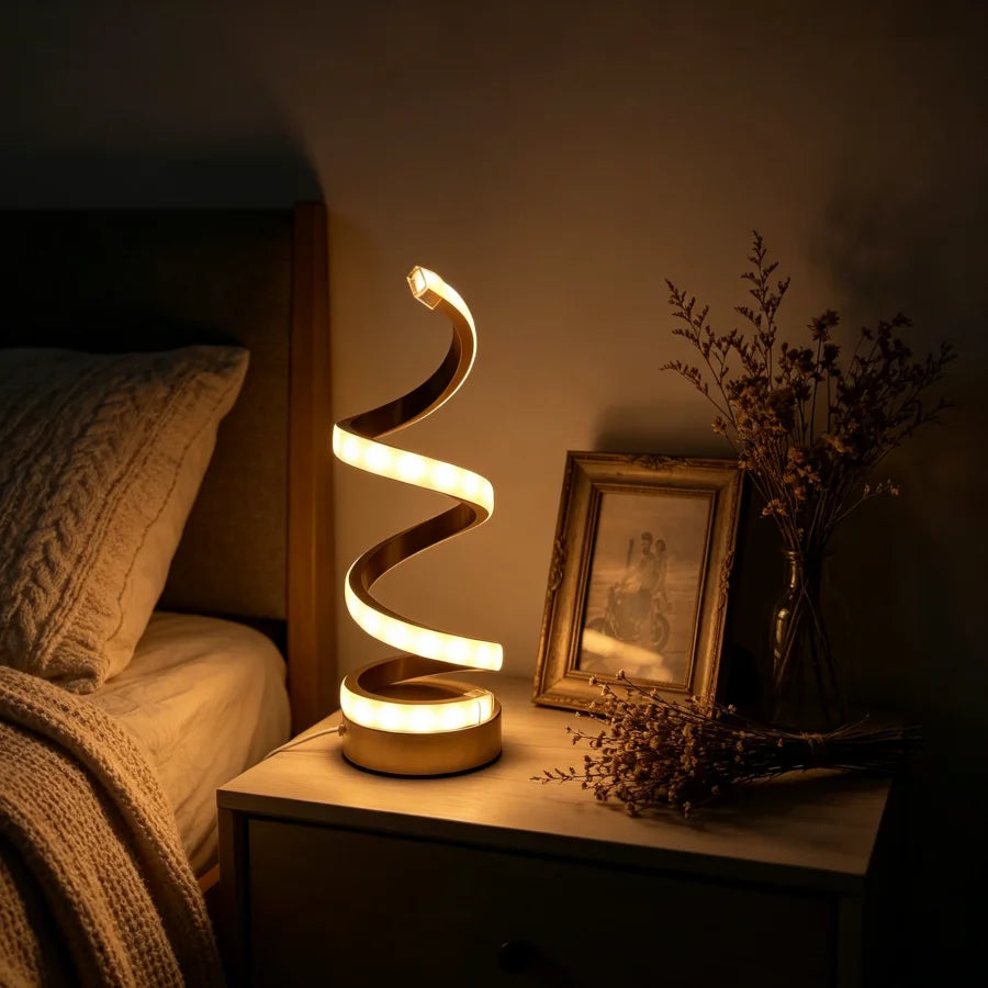 Luminária de Mesa Escultural Espiral Dourada LED — 3 Tons de Luz USB