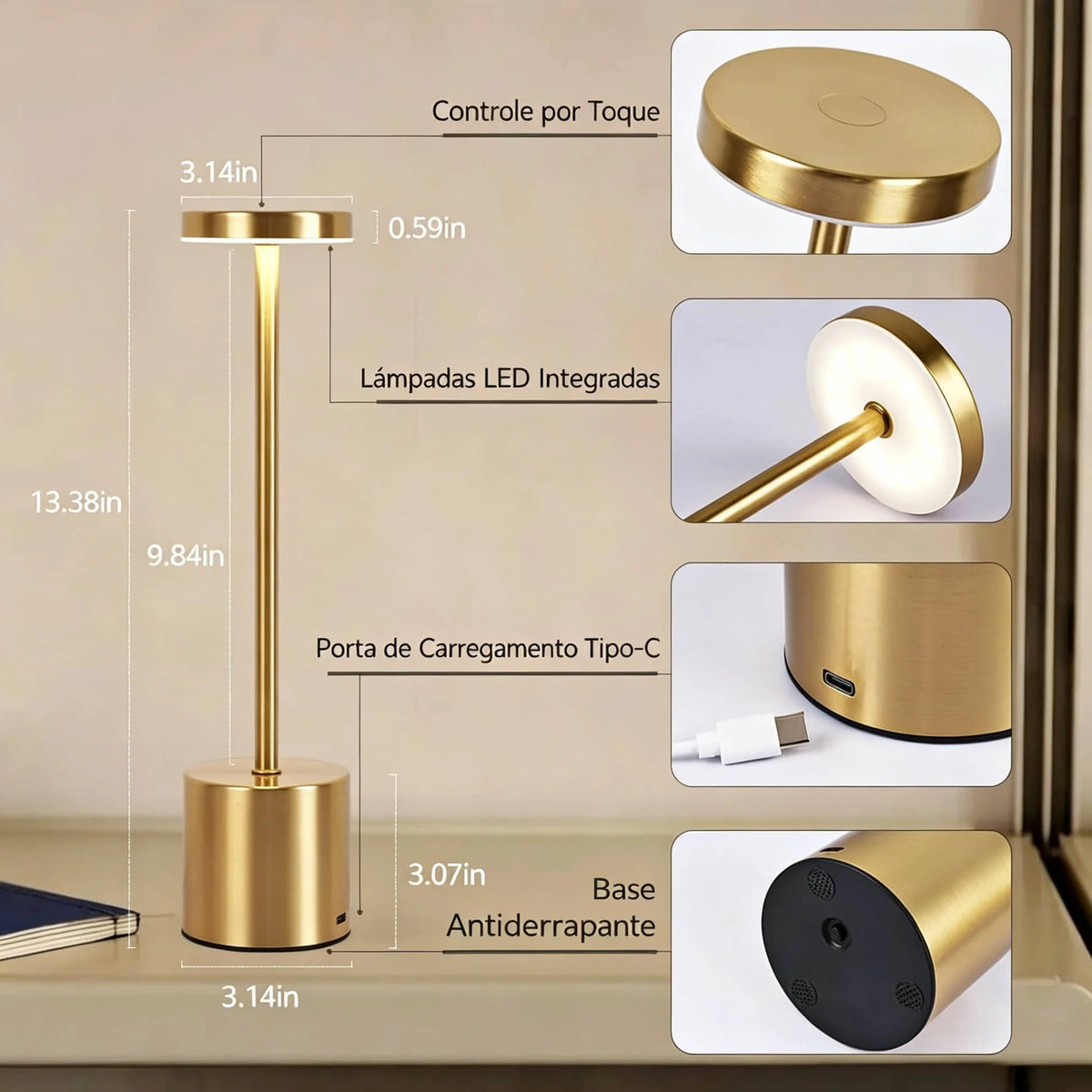 Luminária de Mesa Nordic Touch – Sem Fio, Bateria Recarregável e 3 Tons de Luz