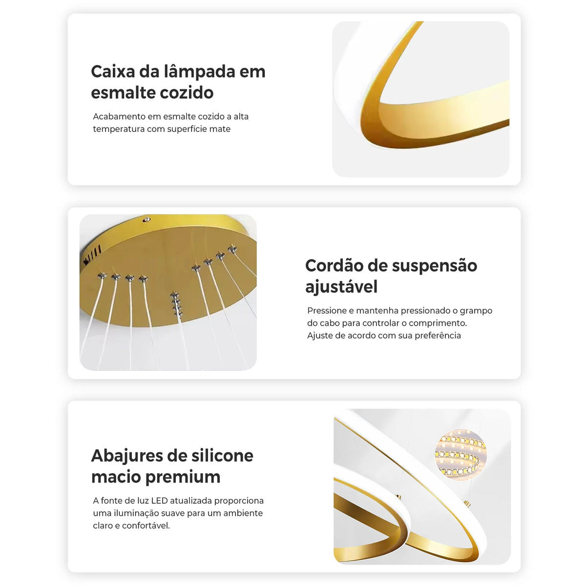 Lustre Pendente Anel Escultural LED — Preto & Dourado Minimalista