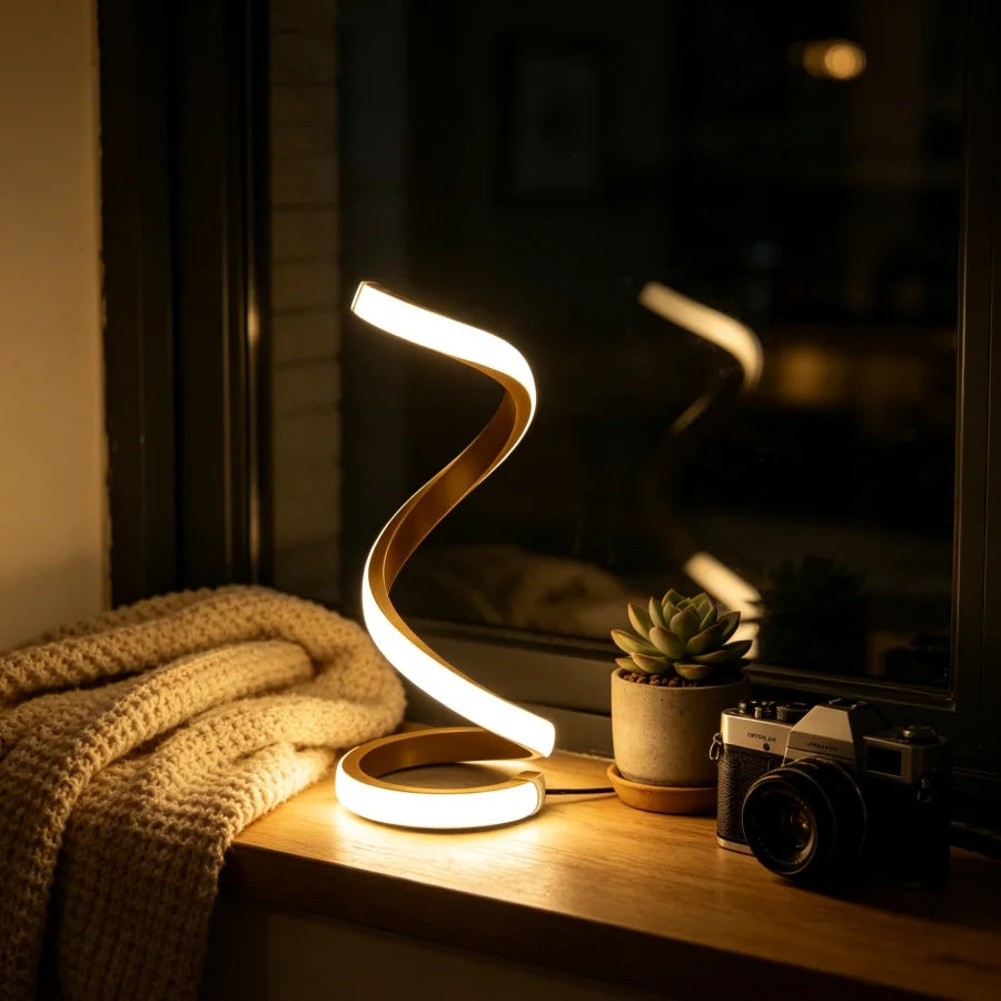 Luminária de Mesa Escultural Espiral Dourada LED — 3 Tons de Luz USB