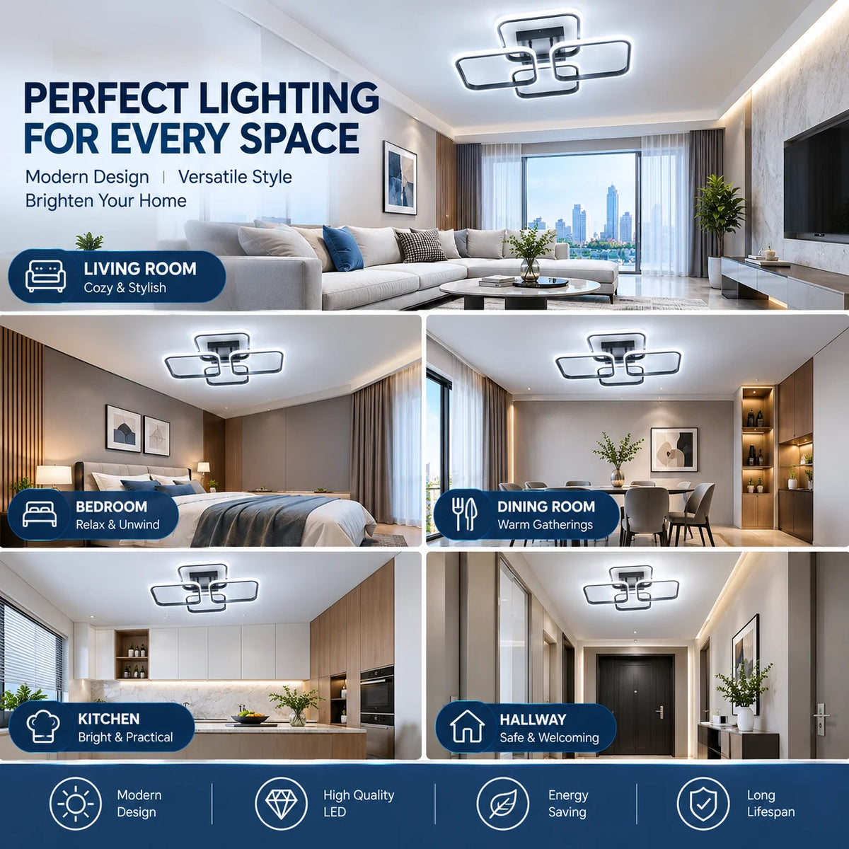 Plafon de Teto LED Moderno Antirreflexo — 3 Tons de Luz com Proteção Visual