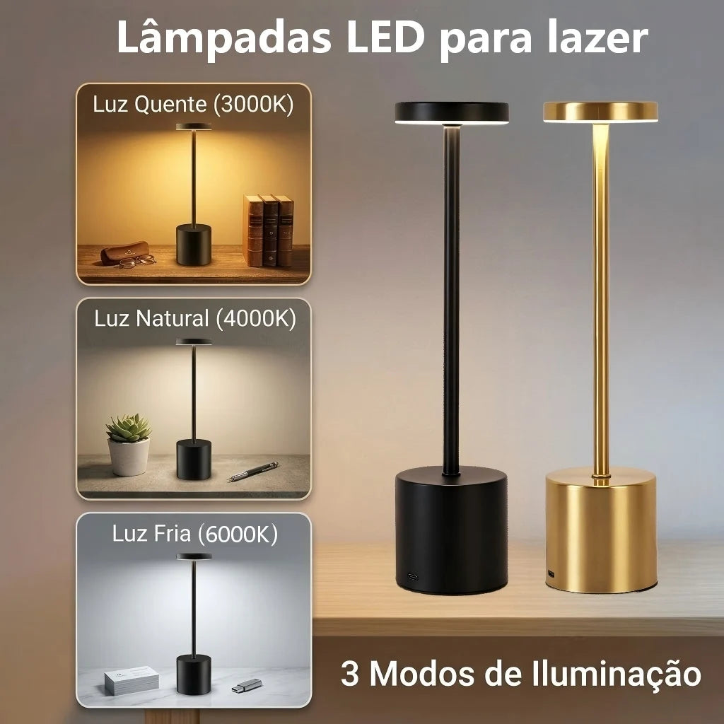 Luminária de Mesa Nordic Touch – Sem Fio, Bateria Recarregável e 3 Tons de Luz