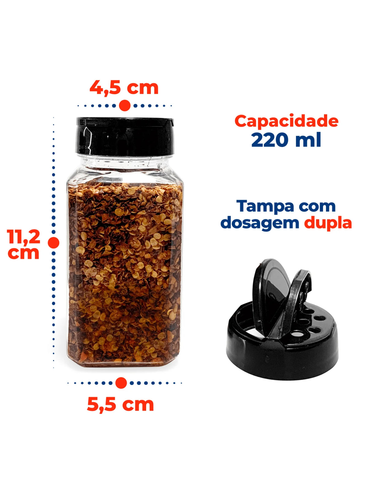 Kit 6 Porta-Temperos com Tampa Dosadora Dupla 220ml — Organização Clean