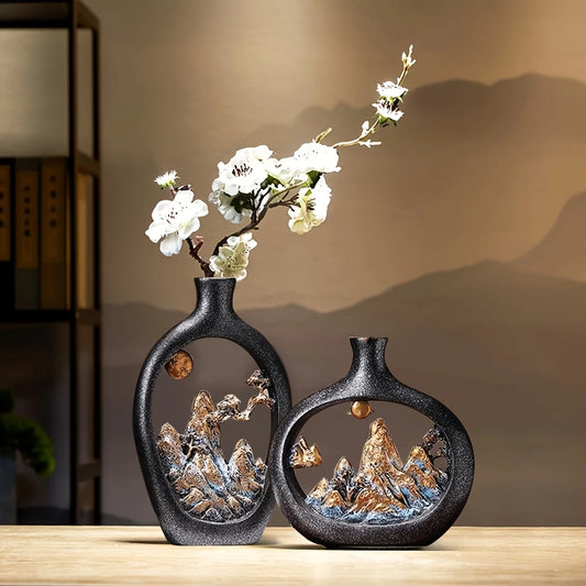 Vaso Escultural Vazado Paisagem Zen Montanhas & Lua Dourada — Arte Oriental