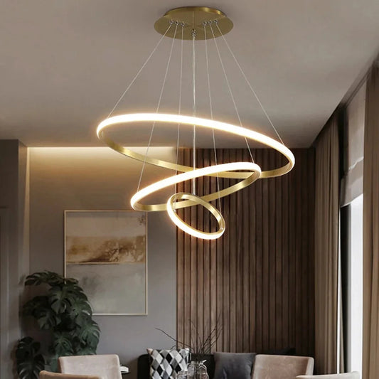 Lustre Pendente Anel Escultural LED — Preto & Dourado Minimalista