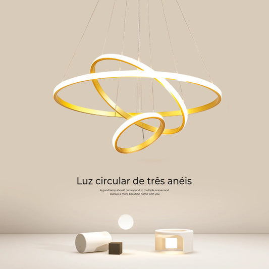 Lustre Pendente Anel Escultural LED — Preto & Dourado Minimalista