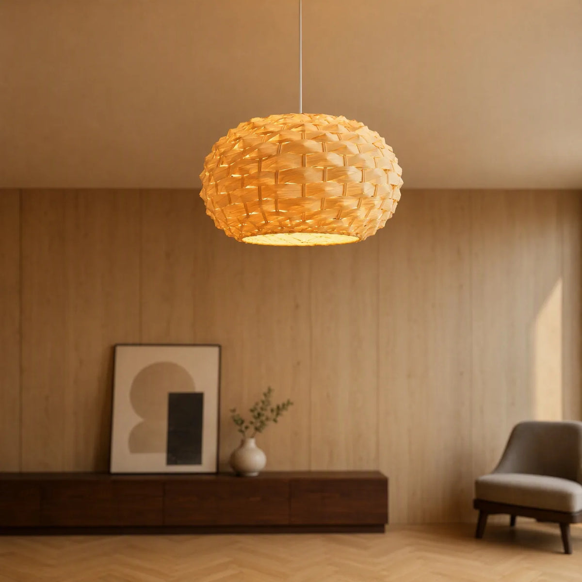 Luminária Pendente Artesanal em Bambu Natural — Design Orgânico Boho