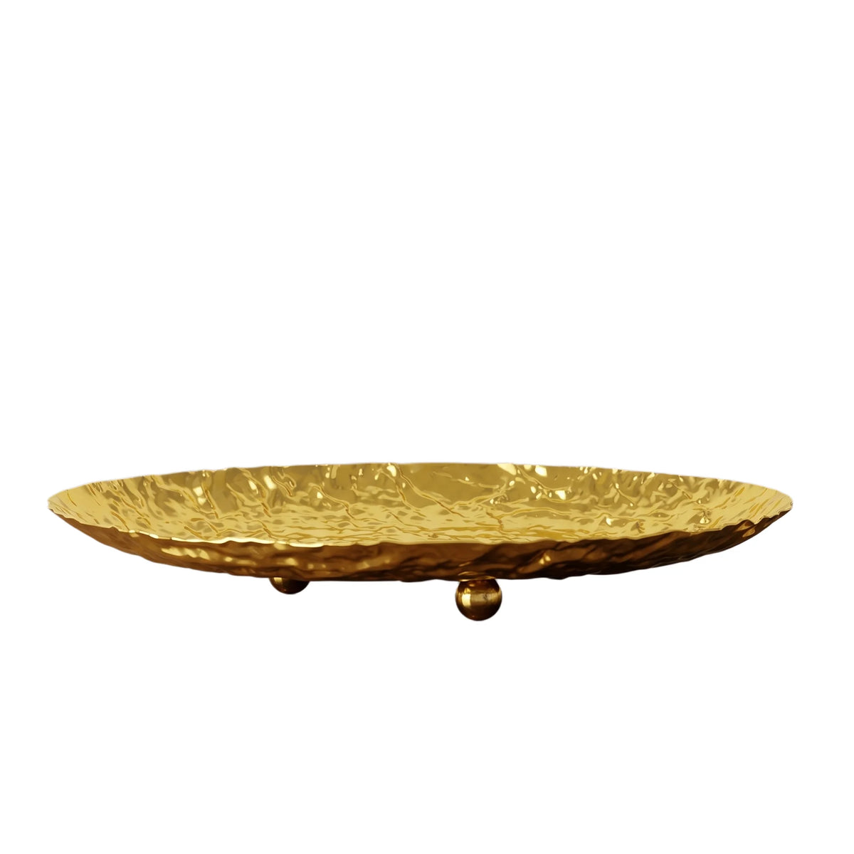Bandeja Oval Dourada em Metal Martelado com Pés Esféricos — Design Luxury