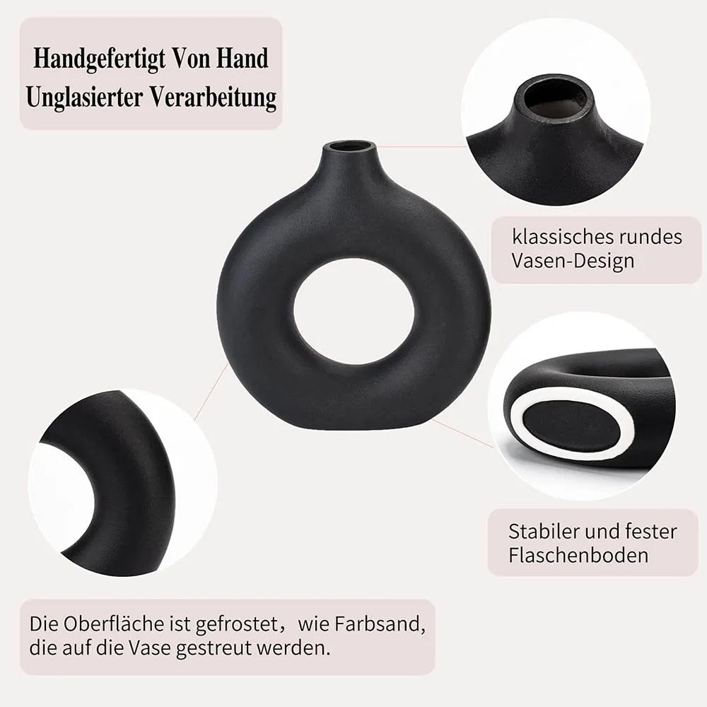 Vaso Escultural Donut em Cerâmica Preto Fosco — Design Escandinavo