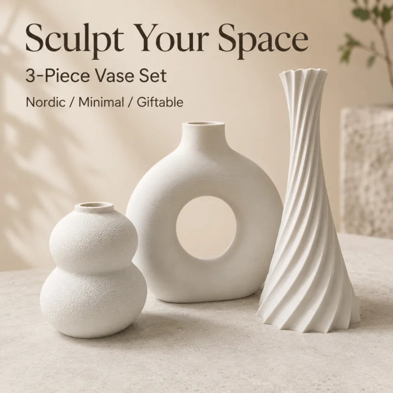 Trio de Vasos Minimalistas Wabi-Sabi em Impressão 3D — Coleção Escultural (3 Peças)