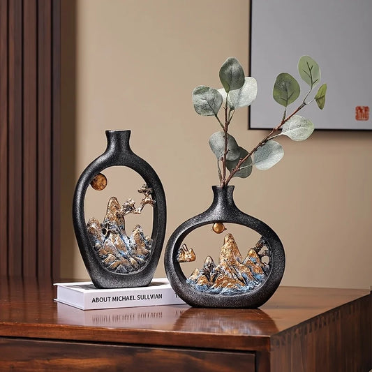 Vaso Escultural Vazado Paisagem Zen Montanhas & Lua Dourada — Arte Oriental