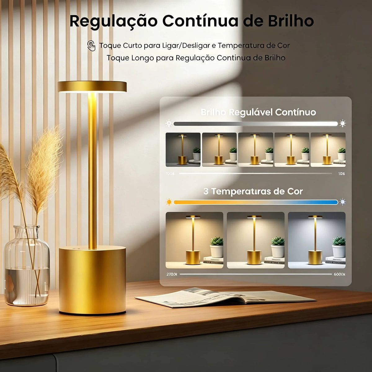 Luminária de Mesa Nordic Touch – Sem Fio, Bateria Recarregável e 3 Tons de Luz