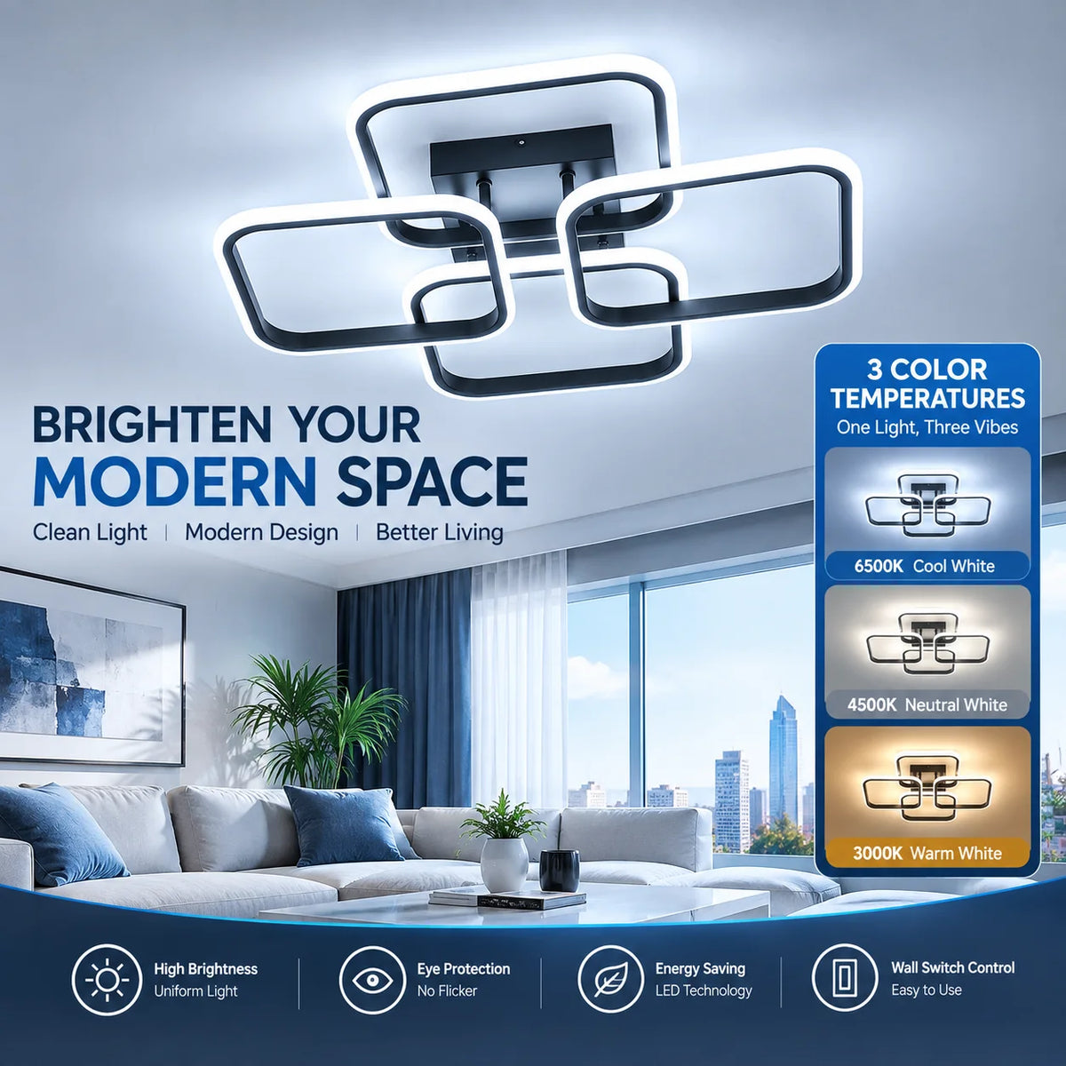 Plafon de Teto LED Moderno Antirreflexo — 3 Tons de Luz com Proteção Visual